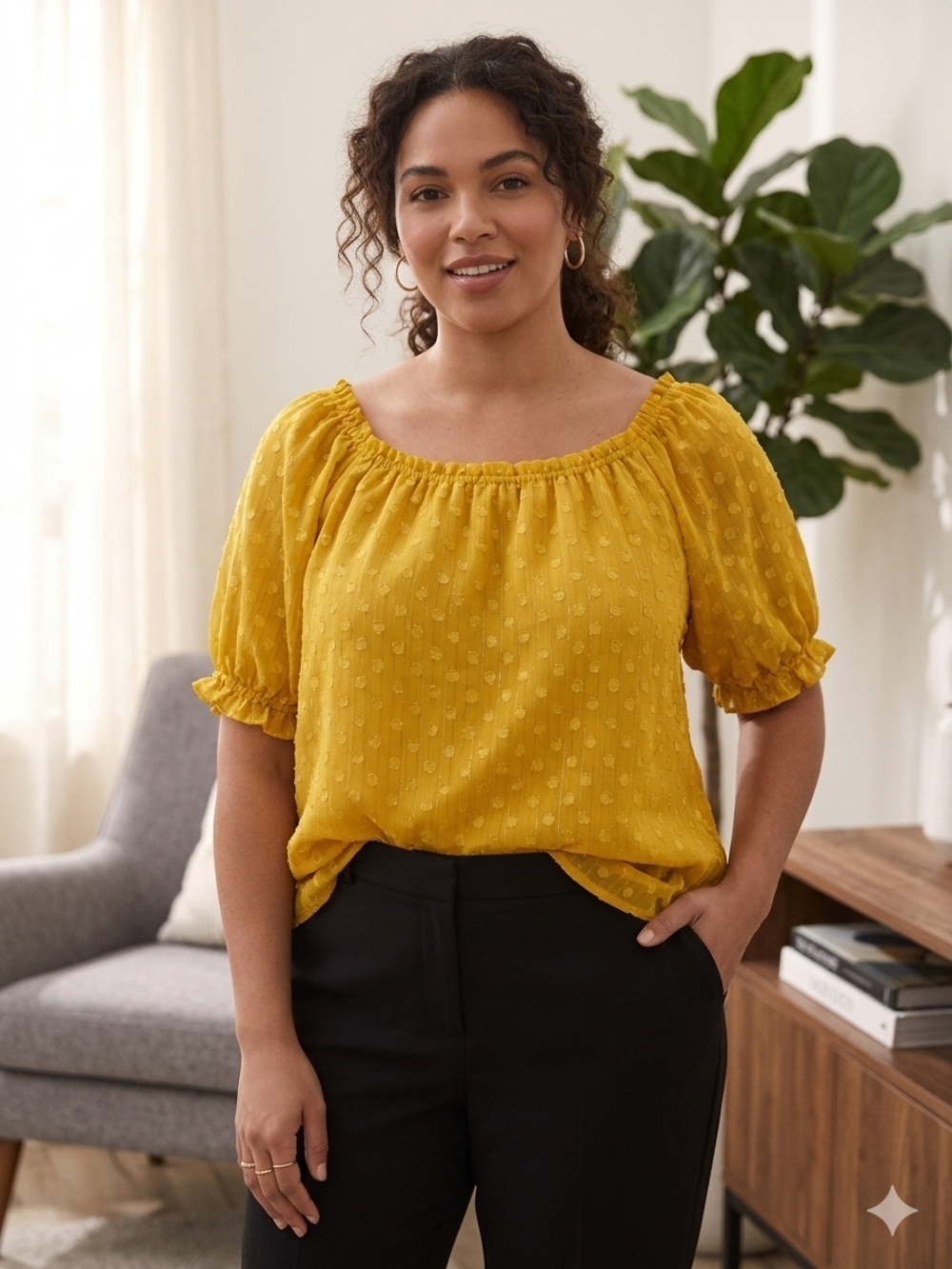 Retrology Plus Size 2X Yellow Clip Dot Blouse Metallic Shimmer Boho Top